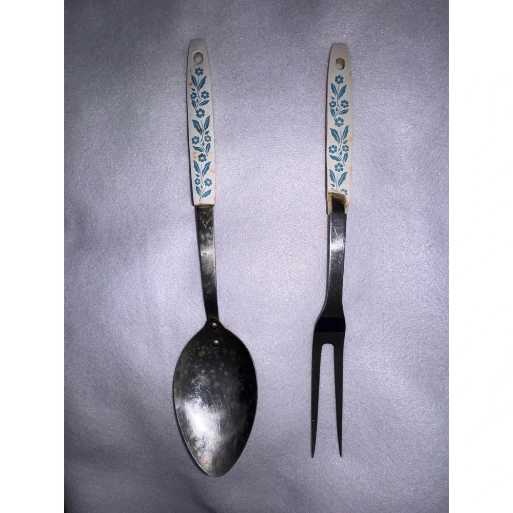 Vintage Household Japan Stainless‎ Steel Serving Spoon and Fork Blue Floral MCM